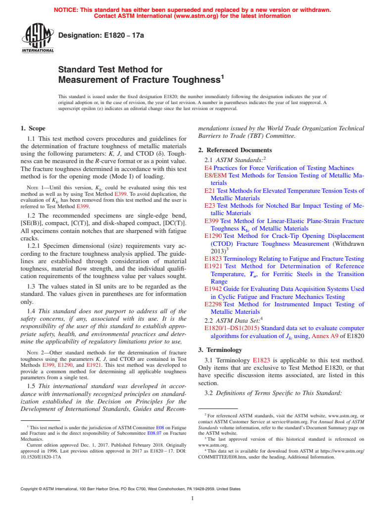 ASTM E1820-17a - Standard Test Method for  Measurement of Fracture Toughness