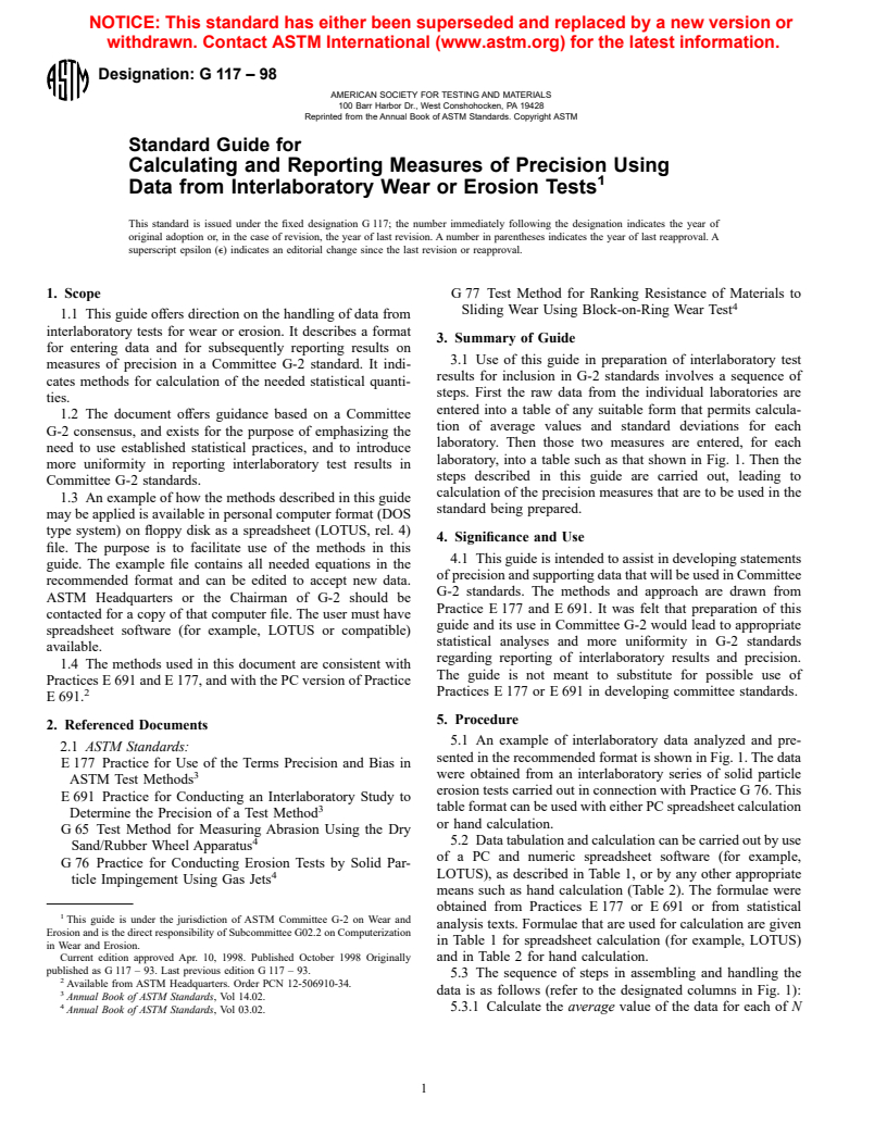 ASTM G117-98 - Standard Guide for Calculating and Reporting Measures of Precision Using Data from Interlaboratory Wear or Erosion Tests