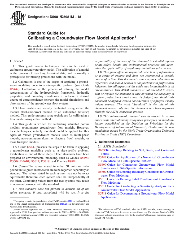 ASTM D5981/D5981M-18 - Standard Guide for  Calibrating a Groundwater Flow Model Application