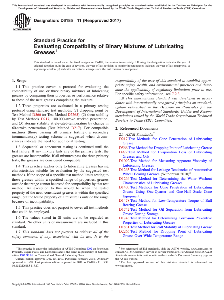 ASTM D6185-11(2017) - Standard Practice for  Evaluating Compatibility of Binary Mixtures of Lubricating   Greases