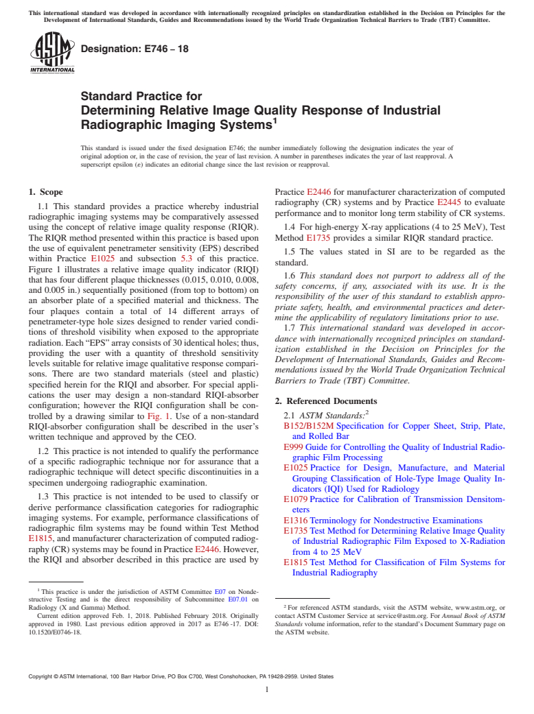 ASTM E746-18 - Standard Practice for  Determining Relative Image Quality Response of Industrial Radiographic  Imaging Systems