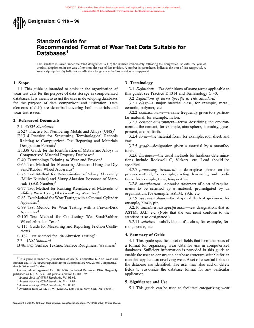 ASTM G118-96 - Standard Guide for Recommended Format of Wear Test Data Suitable for Databases