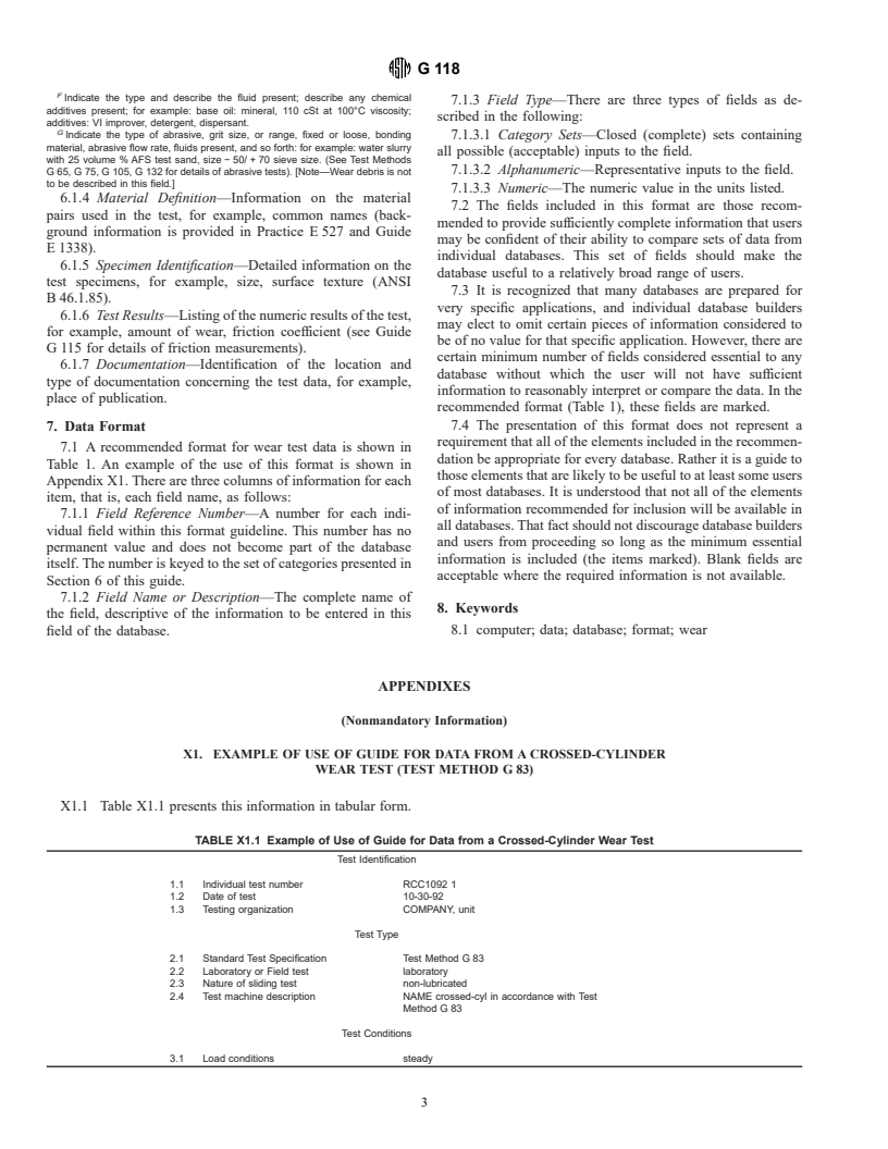 ASTM G118-96 - Standard Guide for Recommended Format of Wear Test Data Suitable for Databases