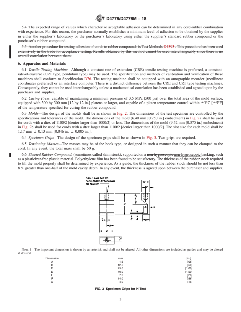 REDLINE ASTM D4776/D4776M-18 - Standard Test Method for  Adhesion of Tire Cords and Other Reinforcing Cords to Rubber  Compounds by H-Test Procedure