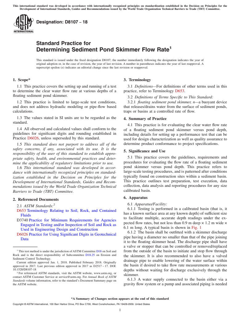 ASTM D8107-18 - Standard Practice for Determining Sediment Pond Skimmer Flow Rate