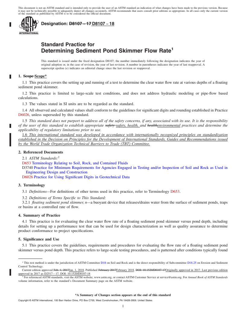 REDLINE ASTM D8107-18 - Standard Practice for Determining Sediment Pond Skimmer Flow Rate