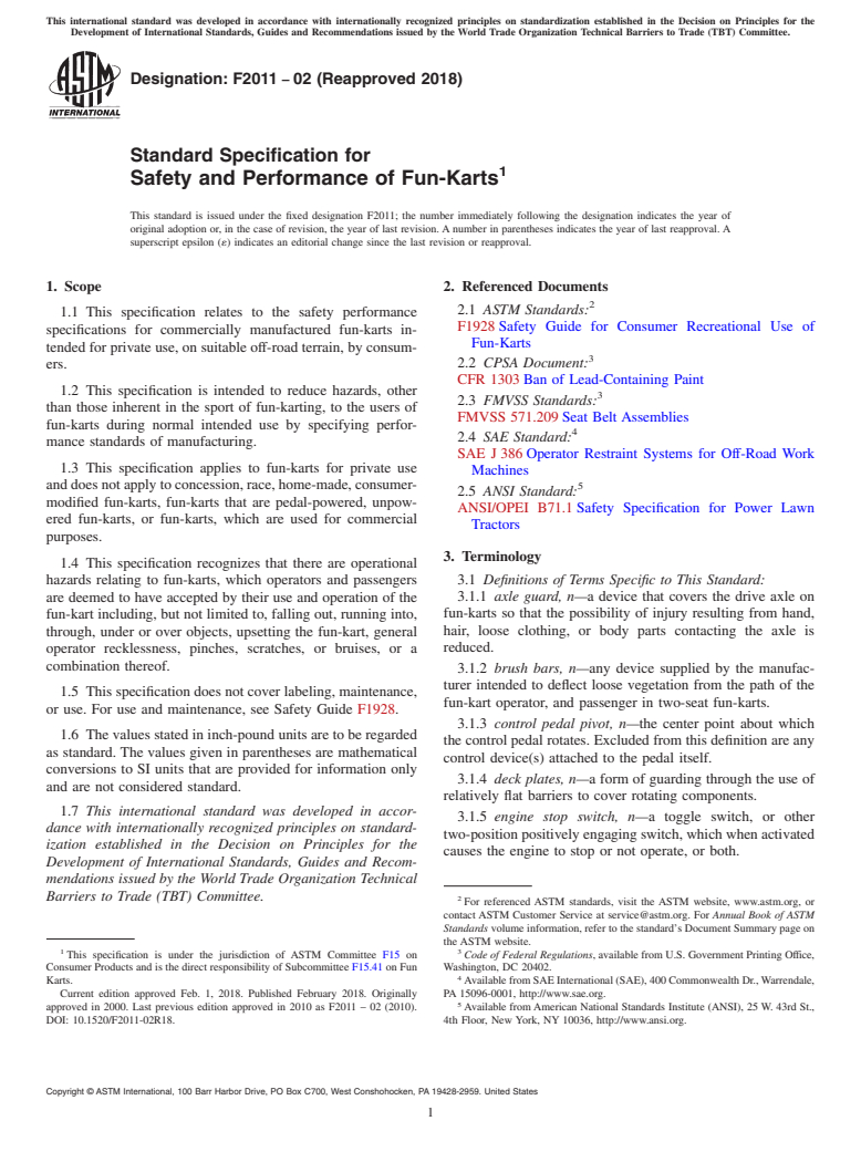 ASTM F2011-02(2018) - Standard Specification for  Safety and Performance of Fun-Karts