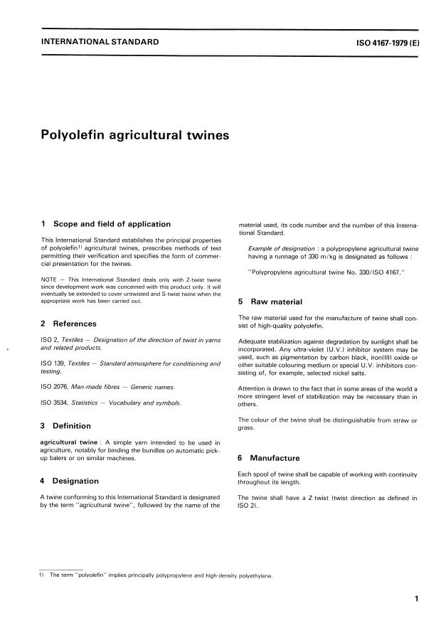 ISO 4167:1979 - Ropes and cordage -- Polyolefin agricultural twines