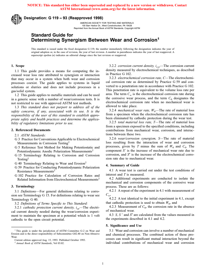 ASTM G119-93(1998) - Standard Guide for Determining Synergism Between Wear and Corrosion