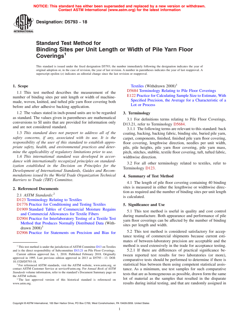 ASTM D5793-18 - Standard Test Method for  Binding Sites per Unit Length or Width of Pile Yarn Floor Coverings