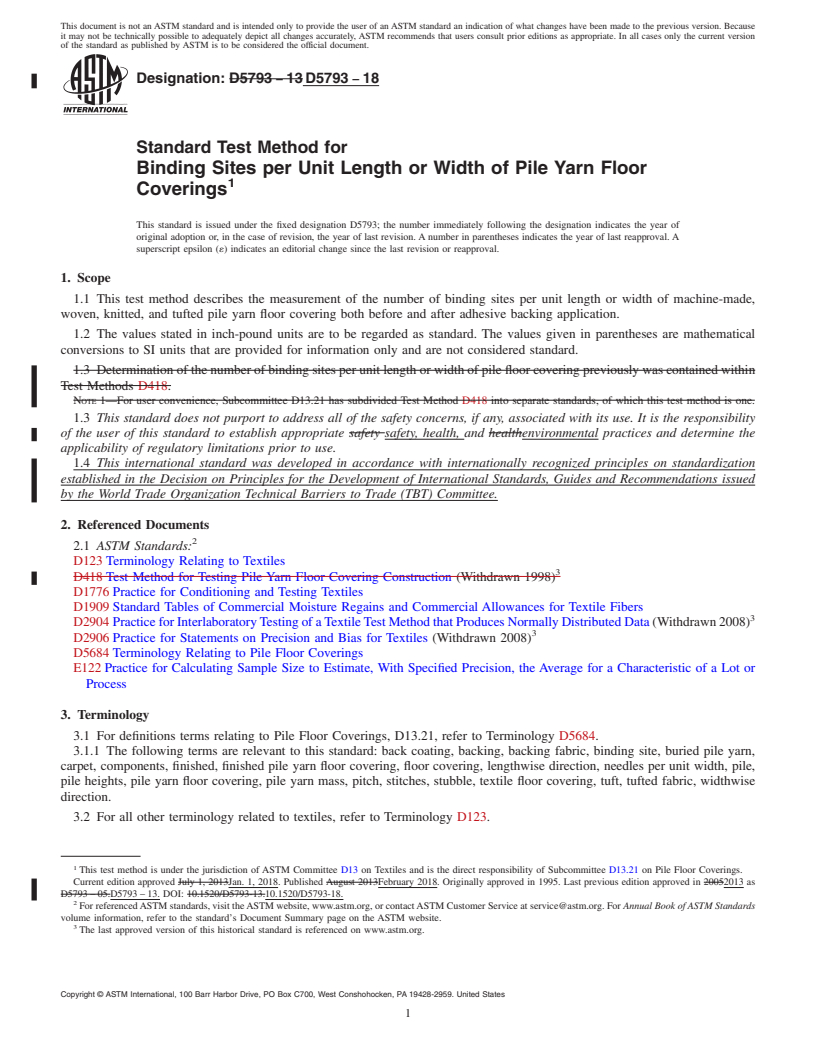 REDLINE ASTM D5793-18 - Standard Test Method for  Binding Sites per Unit Length or Width of Pile Yarn Floor Coverings