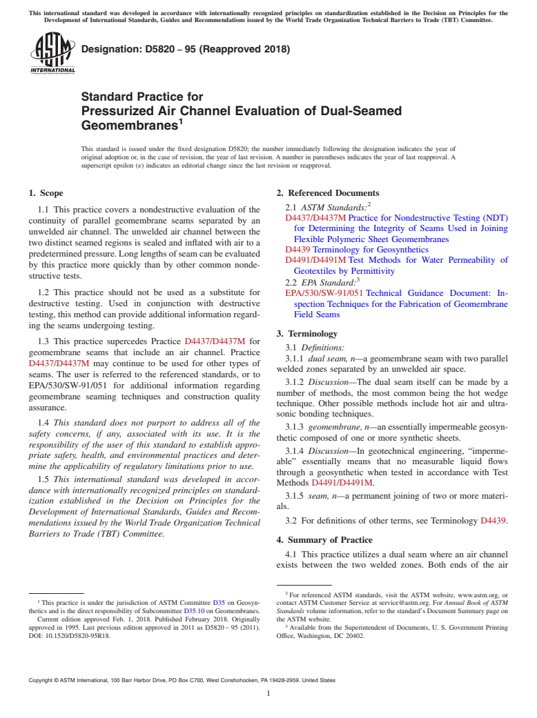 ASTM D5820-95(2018) - Standard Practice for  Pressurized Air Channel Evaluation of Dual-Seamed Geomembranes