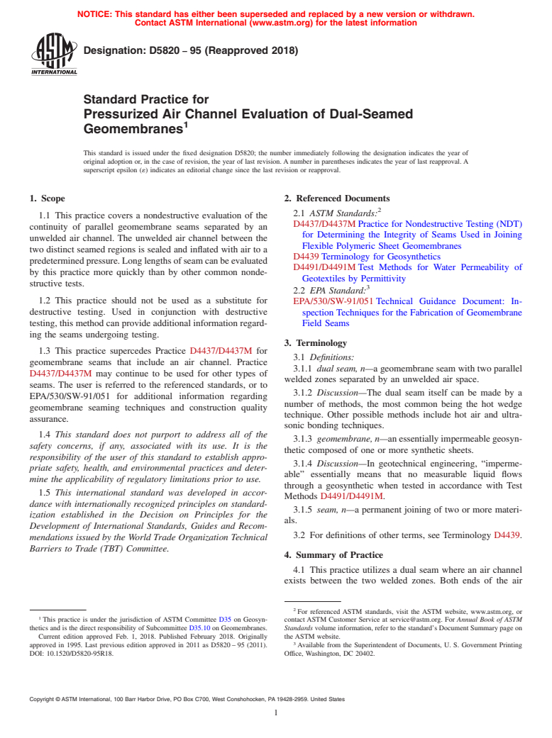 ASTM D5820-95(2018) - Standard Practice for  Pressurized Air Channel Evaluation of Dual-Seamed Geomembranes