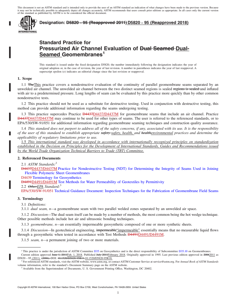 REDLINE ASTM D5820-95(2018) - Standard Practice for  Pressurized Air Channel Evaluation of Dual-Seamed Geomembranes