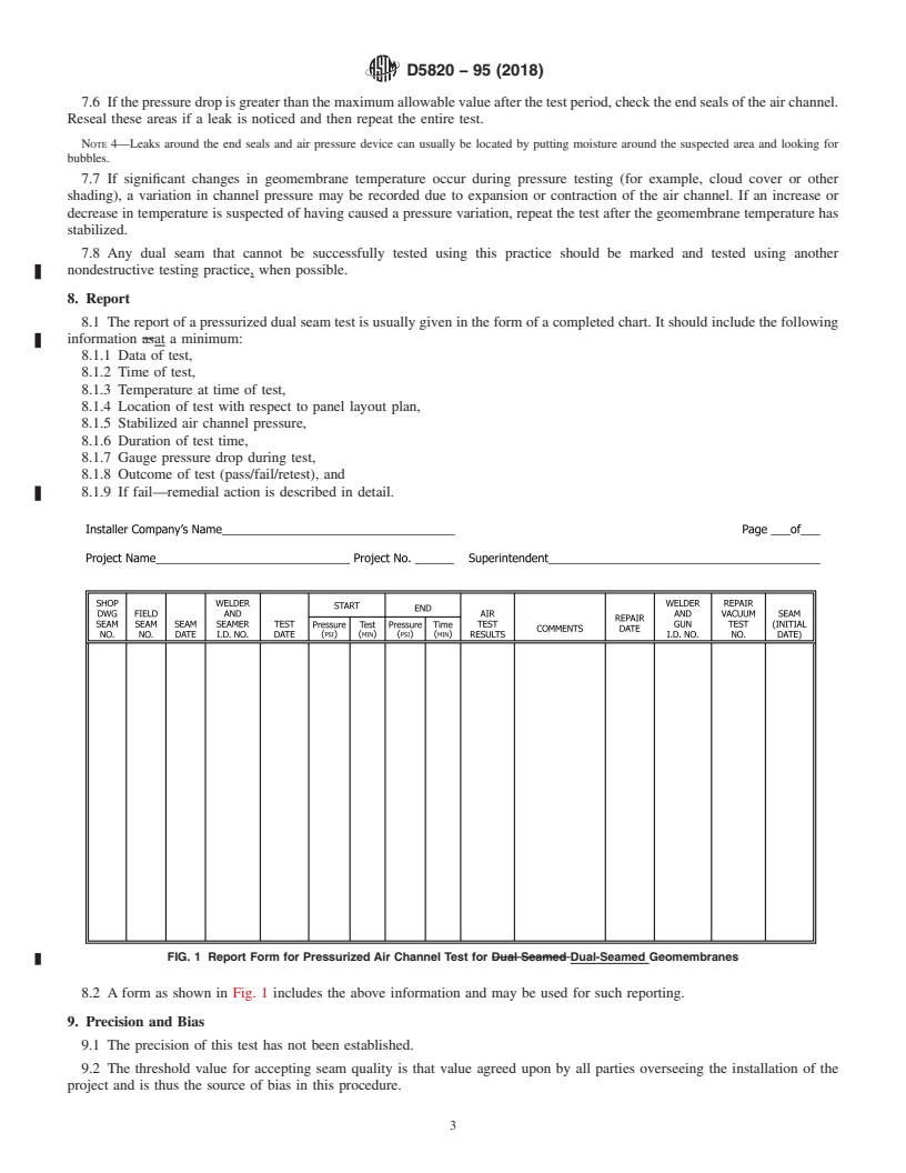 REDLINE ASTM D5820-95(2018) - Standard Practice for  Pressurized Air Channel Evaluation of Dual-Seamed Geomembranes