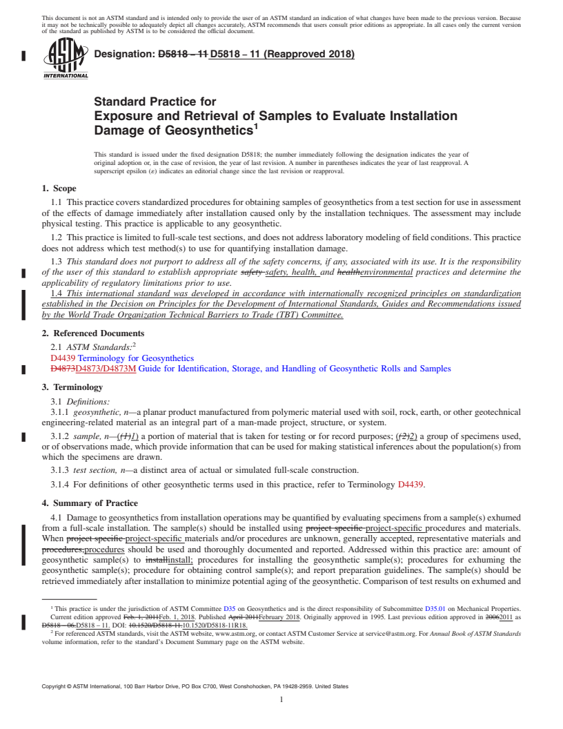 REDLINE ASTM D5818-11(2018) - Standard Practice for Exposure and Retrieval of Samples to Evaluate Installation   Damage of Geosynthetics