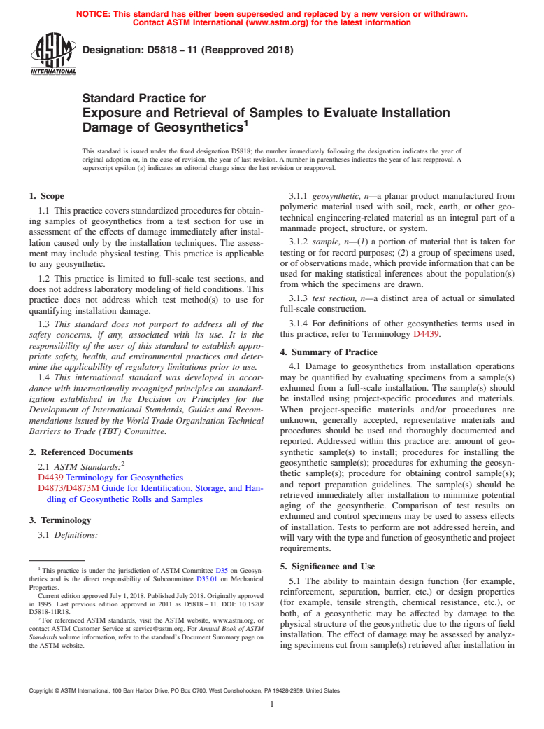 ASTM D5818-11(2018) - Standard Practice for Exposure and Retrieval of Samples to Evaluate Installation   Damage of Geosynthetics