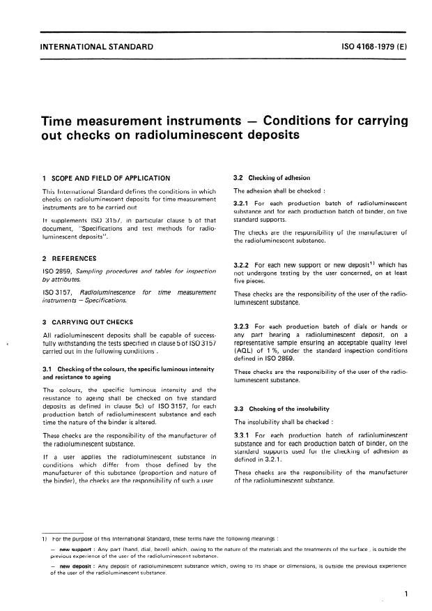 ISO 4168:1979 - Time measurement instruments -- Conditions for carrying out checks on radioluminescent deposits