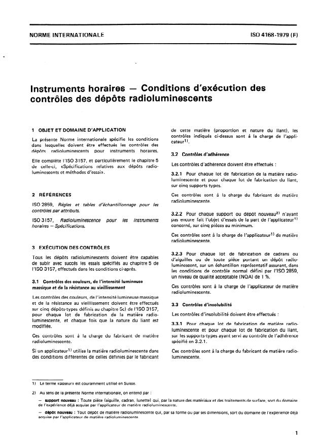 ISO 4168:1979 - Instruments horaires -- Conditions d'exécution des contrôles des dépôts radioluminescents