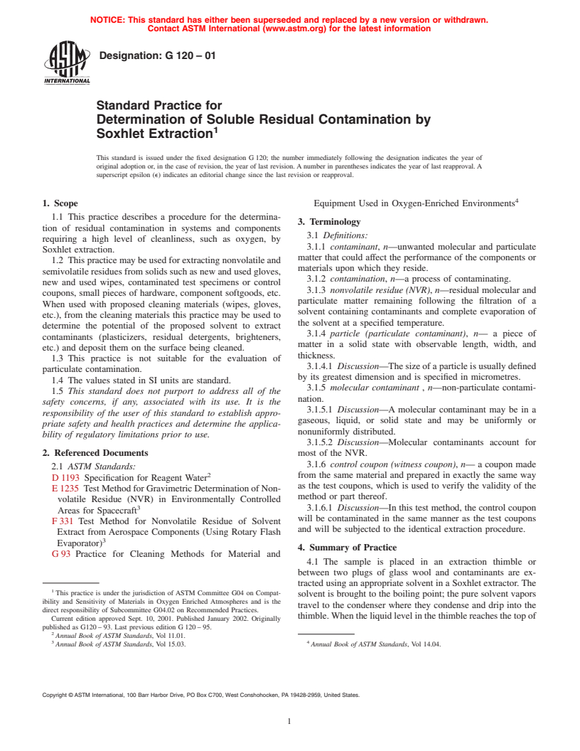 ASTM G120-01 - Standard Practice for Determination of Soluble Residual Contamination in by Soxhlet Extraction