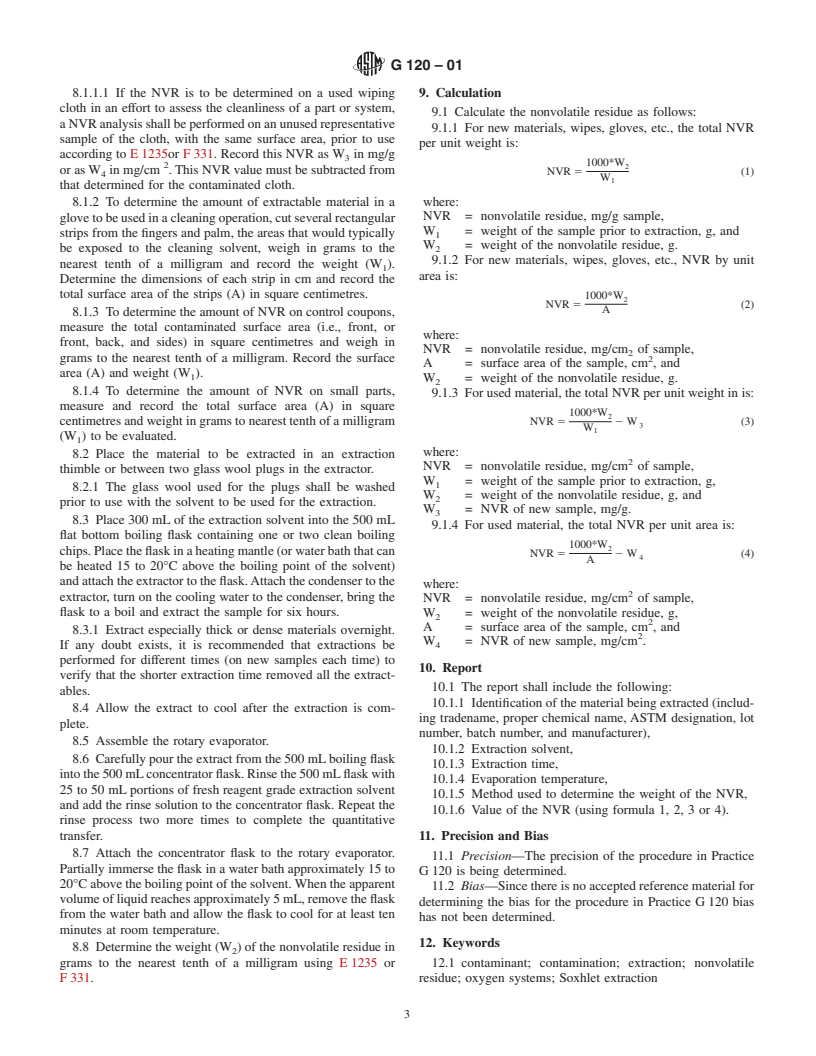 ASTM G120-01 - Standard Practice for Determination of Soluble Residual Contamination in by Soxhlet Extraction