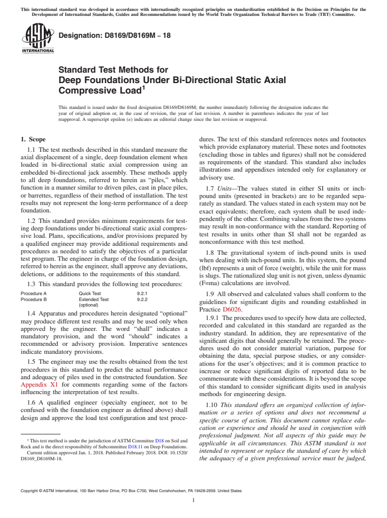 ASTM D8169/D8169M-18 - Standard Test Methods for Deep Foundations Under Bi-Directional Static Axial Compressive  Load