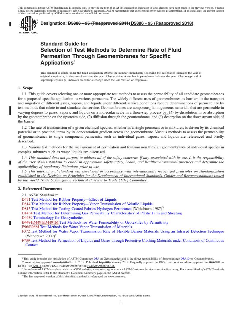 REDLINE ASTM D5886-95(2018) - Standard Guide for  Selection of Test Methods to Determine Rate of Fluid Permeation  Through Geomembranes for Specific Applications