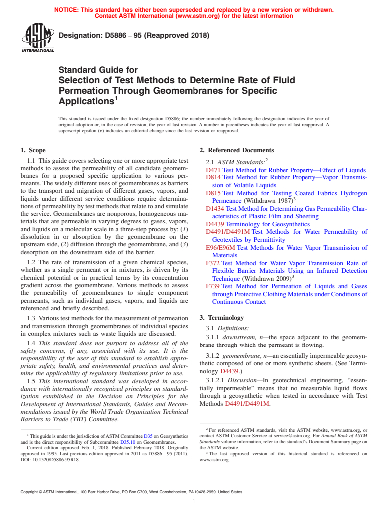 ASTM D5886-95(2018) - Standard Guide for  Selection of Test Methods to Determine Rate of Fluid Permeation  Through Geomembranes for Specific Applications