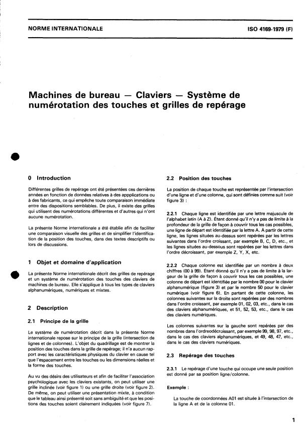 ISO 4169:1979 - Machines de bureau -- Claviers -- Systeme de numérotation des touches et grilles de repérage