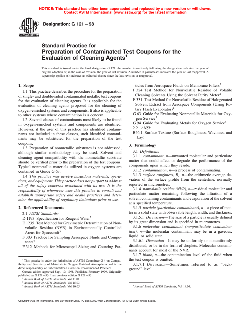 ASTM G121-98 - Standard Practice for Preparation of Contaminated Test Coupons for the Evaluation of Cleaning Agents