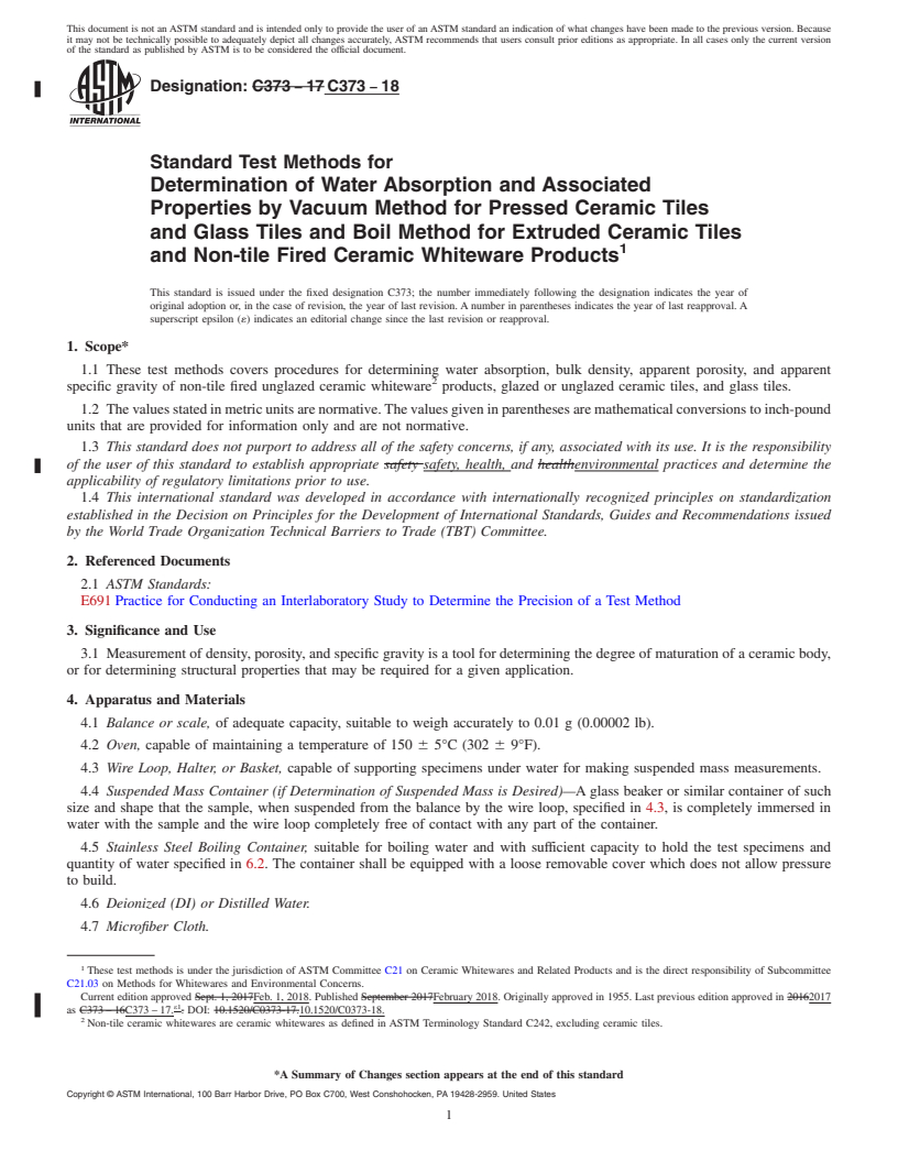 REDLINE ASTM C373-18 - Standard Test Methods for  Determination of Water Absorption and Associated Properties  by Vacuum Method for Pressed Ceramic Tiles and Glass Tiles and Boil  Method for Extruded Ceramic Tiles and Non-tile Fired Ceramic Whiteware  Products