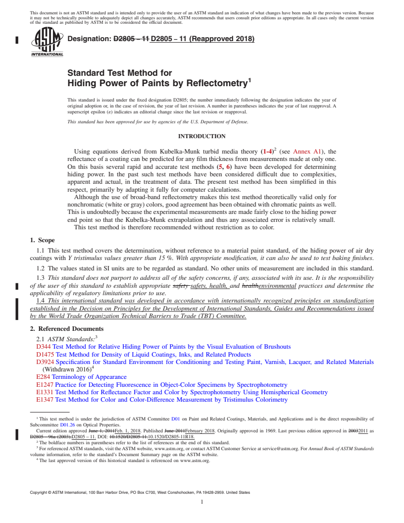 REDLINE ASTM D2805-11(2018) - Standard Test Method for Hiding Power of Paints by Reflectometry