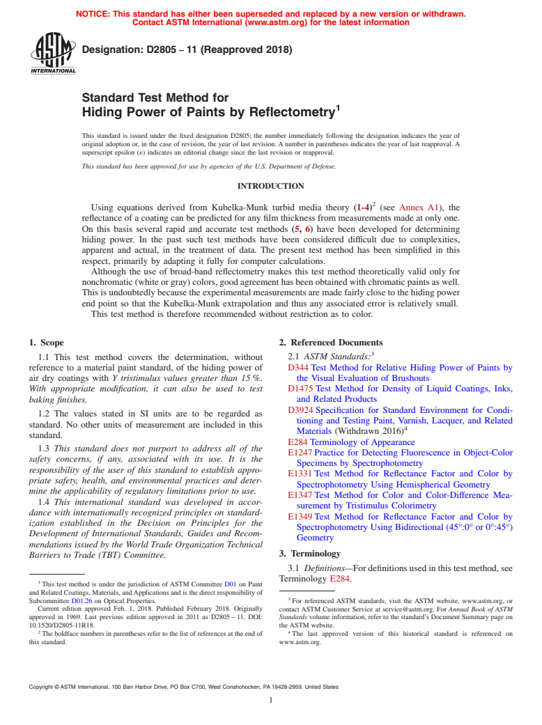 ASTM D2805-11(2018) - Standard Test Method for Hiding Power of Paints by Reflectometry