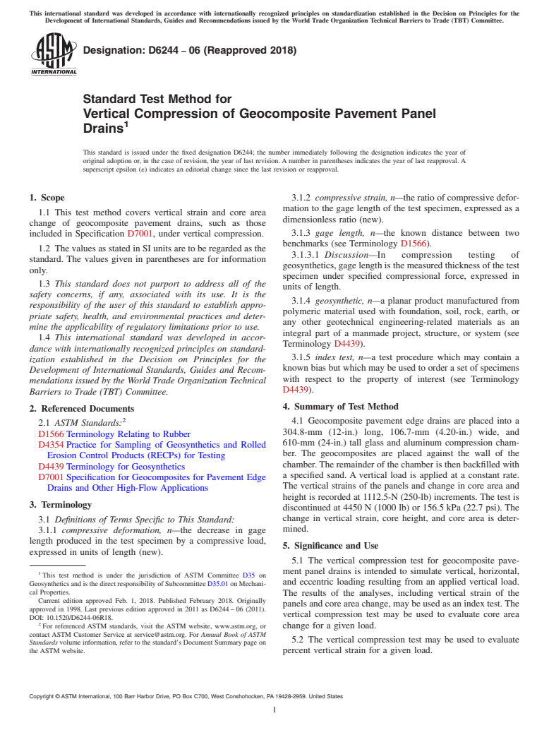 ASTM D6244-06(2018) - Standard Test Method for  Vertical Compression of Geocomposite Pavement Panel Drains