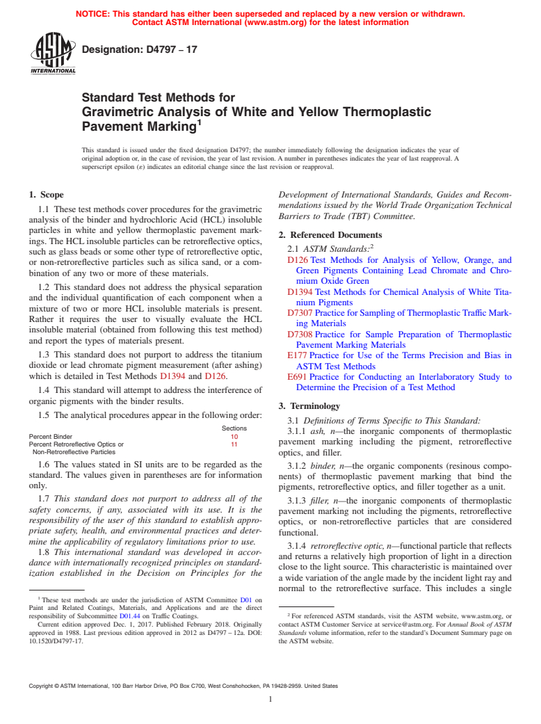 ASTM D4797-17 - Standard Test Methods for Gravimetric Analysis of White and Yellow Thermoplastic      Pavement Marking