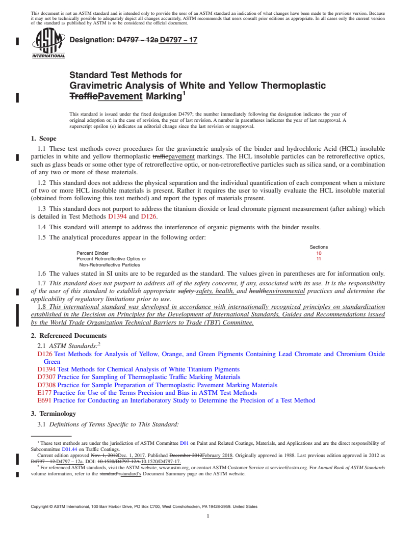 REDLINE ASTM D4797-17 - Standard Test Methods for Gravimetric Analysis of White and Yellow Thermoplastic      Pavement Marking