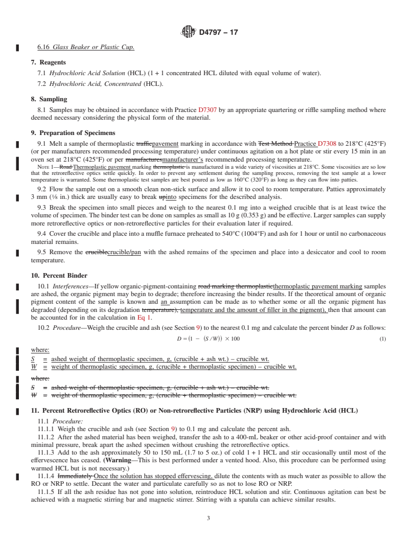 REDLINE ASTM D4797-17 - Standard Test Methods for Gravimetric Analysis of White and Yellow Thermoplastic      Pavement Marking