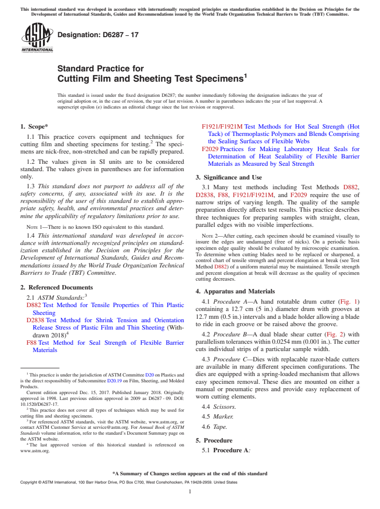 ASTM D6287-17 - Standard Practice for  Cutting Film and Sheeting Test Specimens