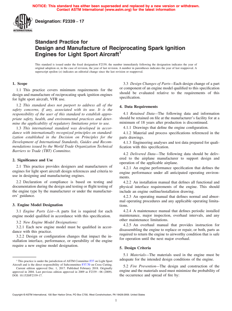 ASTM F2339-17 - Standard Practice for  Design and Manufacture of Reciprocating Spark Ignition Engines  for Light Sport Aircraft