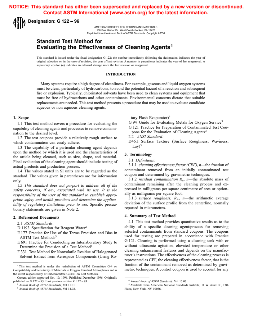 ASTM G122-96 - Standard Test Method for Evaluating the Effectiveness of Cleaning Agents