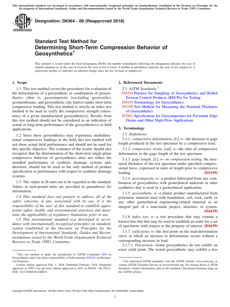 ASTM D6364-06(2018) - Standard Test Method for  Determining Short-Term Compression Behavior of Geosynthetics