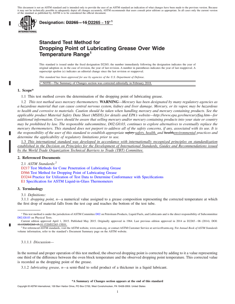 REDLINE ASTM D2265-15e1 - Standard Test Method for  Dropping Point of Lubricating Grease Over Wide Temperature   Range