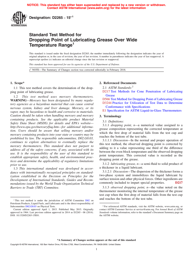 ASTM D2265-15e1 - Standard Test Method for  Dropping Point of Lubricating Grease Over Wide Temperature   Range