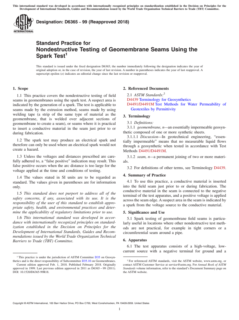 ASTM D6365-99(2018) - Standard Practice for  Nondestructive Testing of Geomembrane Seams Using the Spark   Test