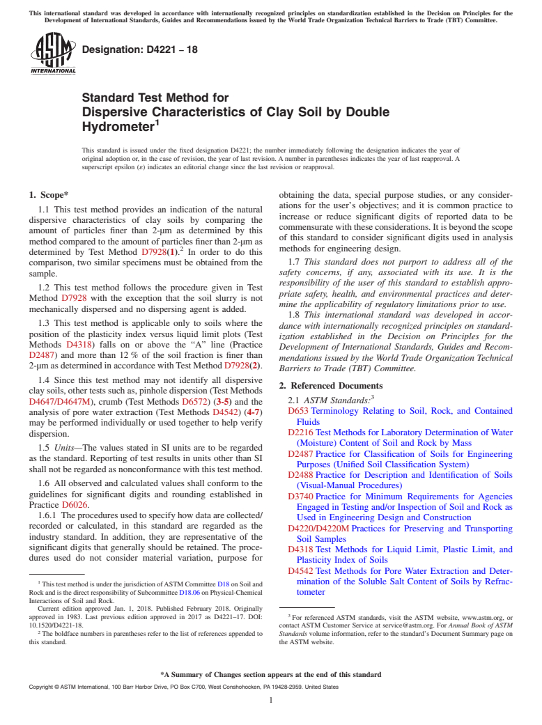 ASTM D4221-18 - Standard Test Method for  Dispersive Characteristics of Clay Soil by Double Hydrometer