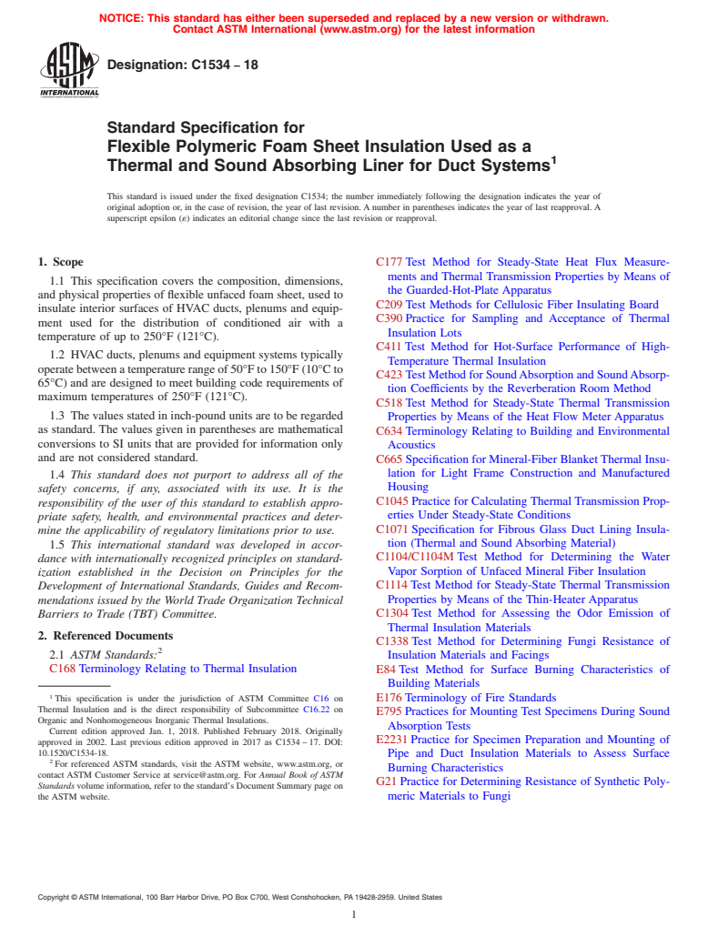 ASTM C1534-18 - Standard Specification for  Flexible Polymeric Foam Sheet Insulation Used as a Thermal  and Sound Absorbing Liner for Duct Systems