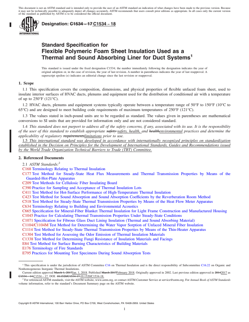 REDLINE ASTM C1534-18 - Standard Specification for  Flexible Polymeric Foam Sheet Insulation Used as a Thermal  and Sound Absorbing Liner for Duct Systems