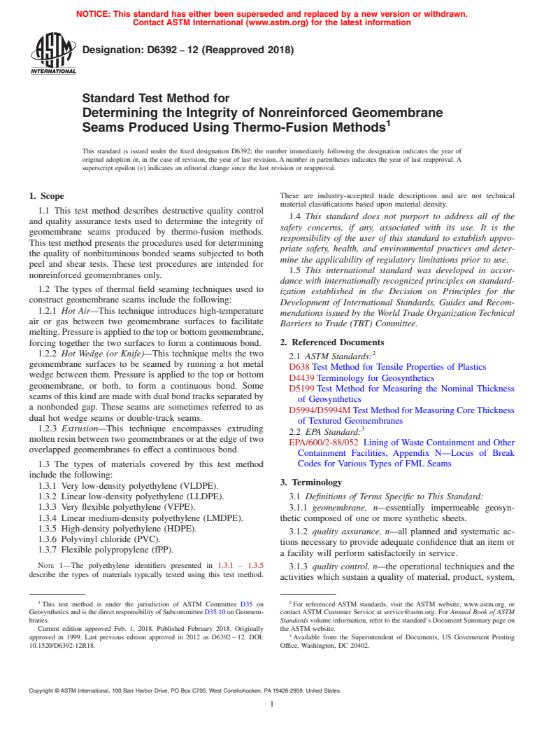 ASTM D6392-12(2018) - Standard Test Method for  Determining the Integrity of Nonreinforced Geomembrane Seams   Produced   Using Thermo-Fusion Methods