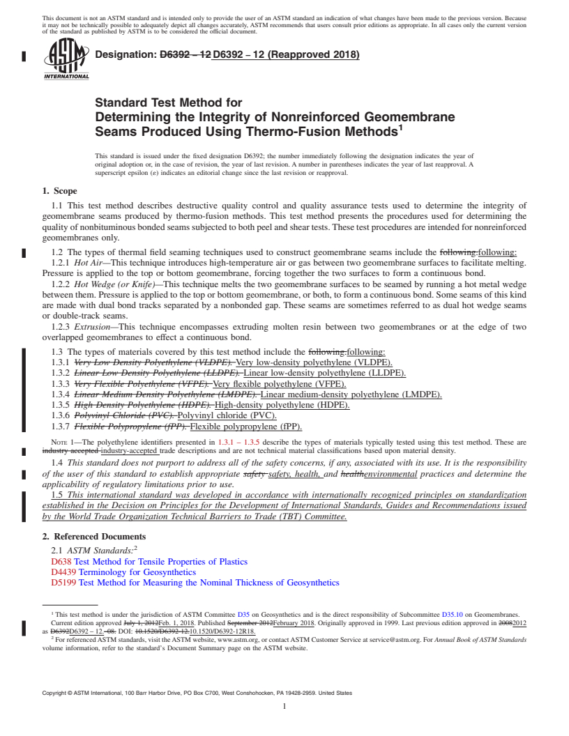 REDLINE ASTM D6392-12(2018) - Standard Test Method for  Determining the Integrity of Nonreinforced Geomembrane Seams   Produced   Using Thermo-Fusion Methods