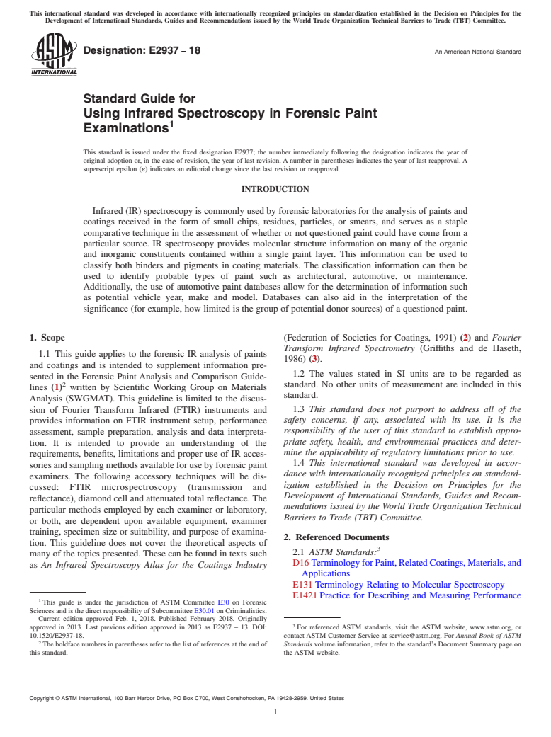 ASTM E2937-18 - Standard Guide for Using Infrared Spectroscopy in Forensic Paint Examinations